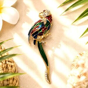 Vintage Gold Tone Red Green Enamel and Pave Rhinestone Tropical Bird Brooch